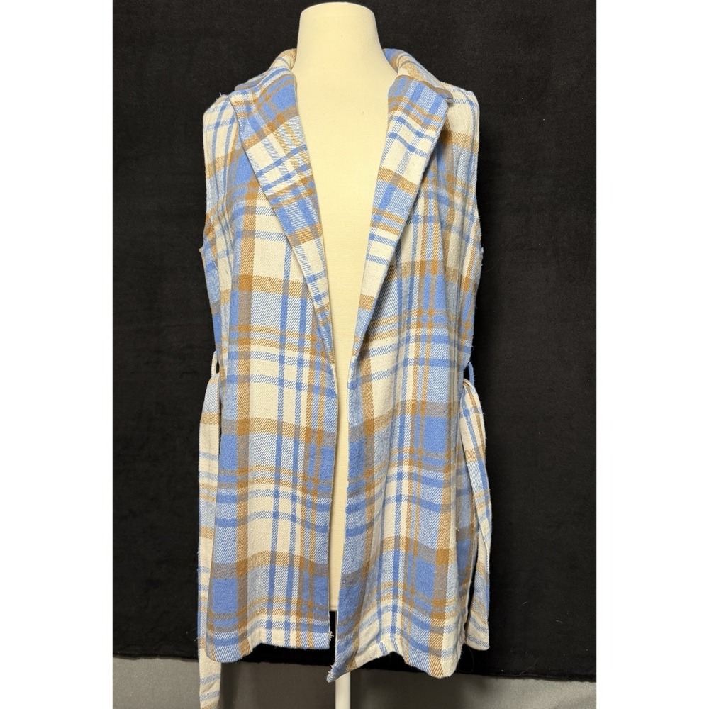 light blue flannel plaid‎ long vest sleeveless coat